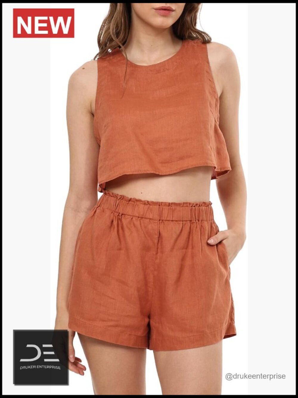 100% Linen 2 Piece Outfits Lounge Shorts Sets with Pockets